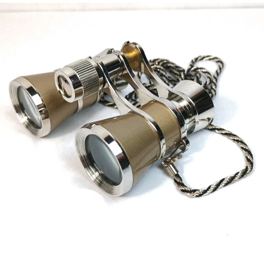 Opera Theater Glass Binocular 3X25 Golden Silver with Metal Chain Steampunk